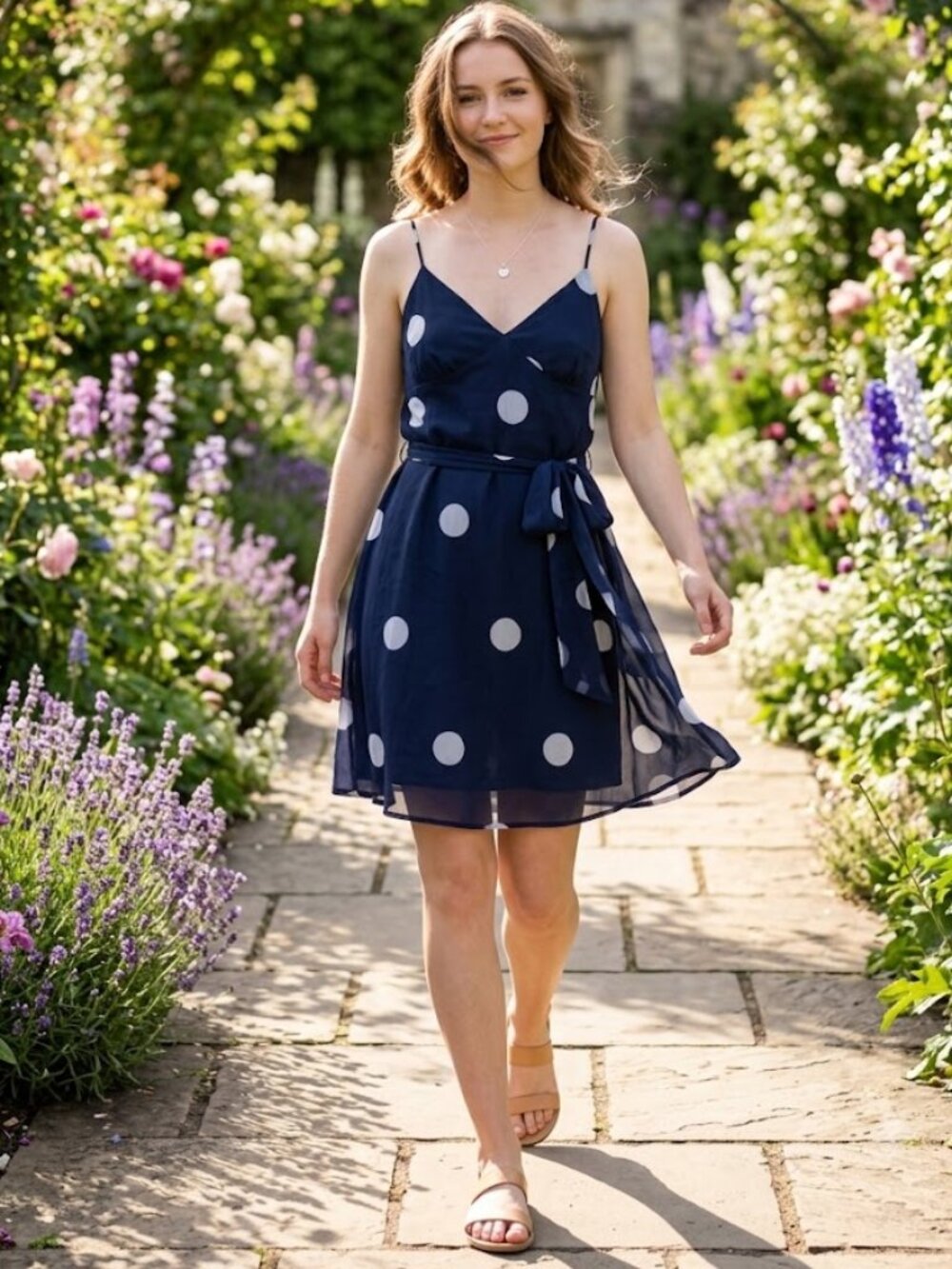 Women's Navy Polka Dot Mini Slip Dress with Spaghetti Straps - Sz Large